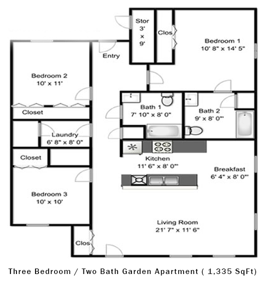 Three Bedroom / Two Bath Garden Apartment ( 1,335 SqFt)