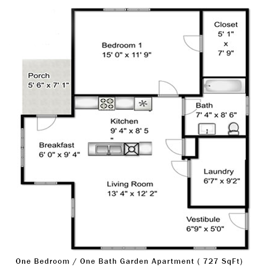 One Bedroom / One Bath Gardent Apartment (727 SqFt) Pointe North Apartments